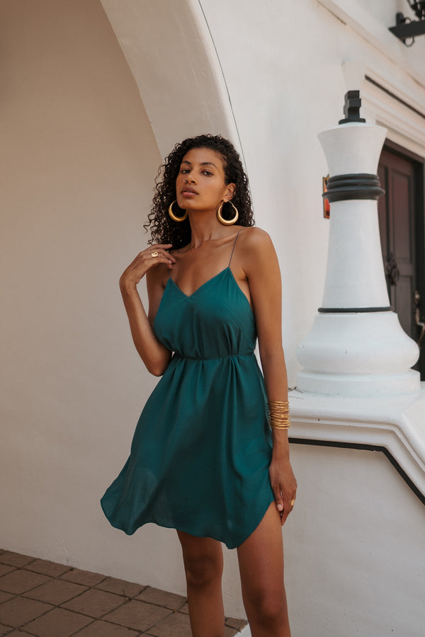 Women turquoise mini slip dress
