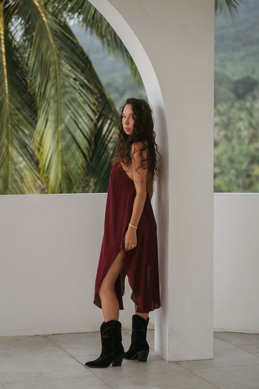 Midi burgundy slip dress with open back