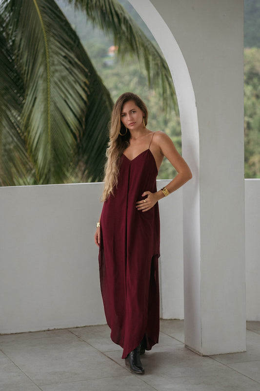 Maxi burgundy slip dress with open back
