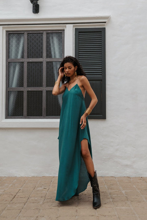 Women turquoise maxi slip dress