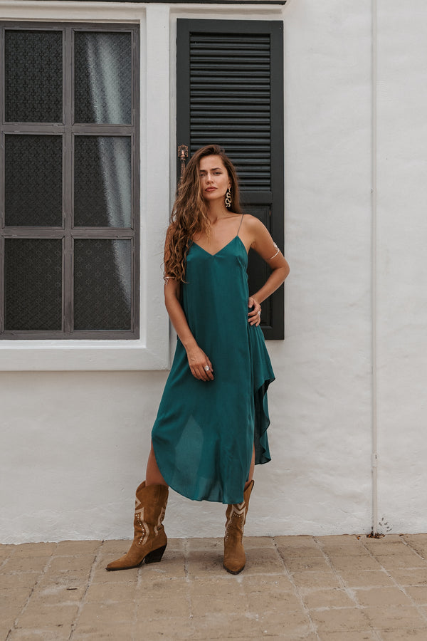 Women turquoise midi slip dress
