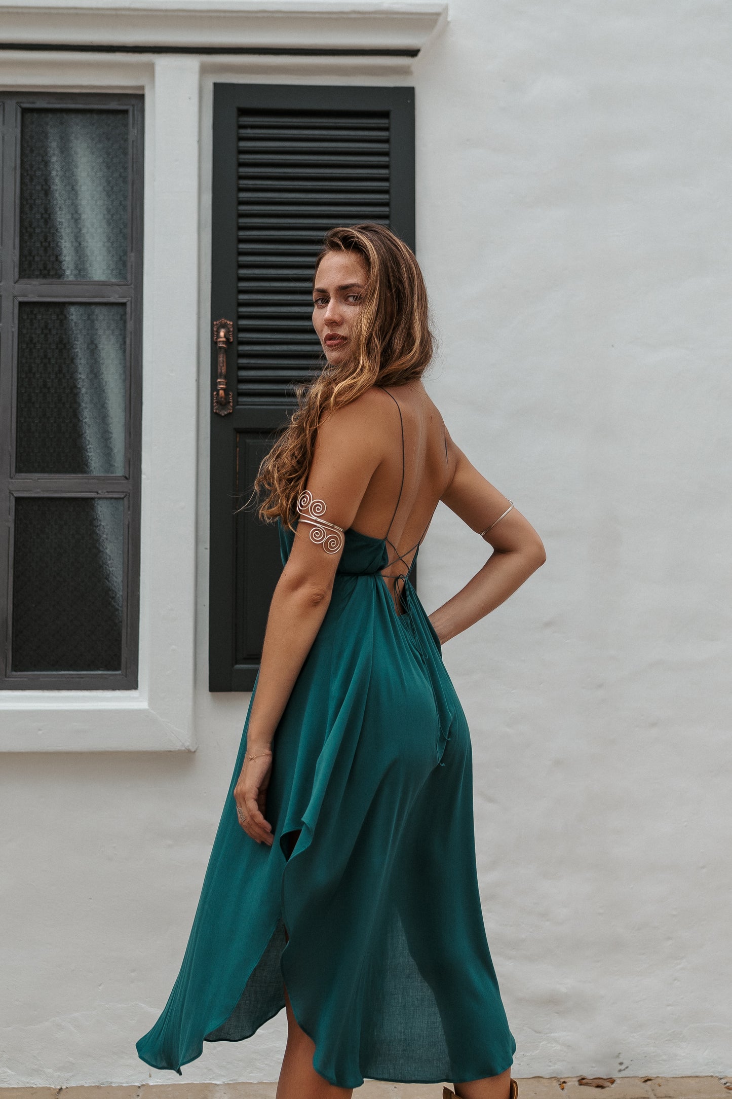 Women turquoise midi slip dress