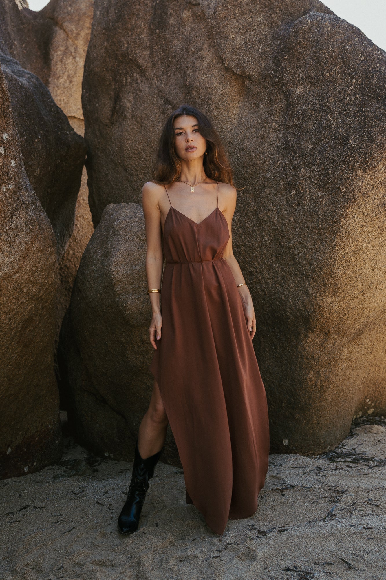 Maxi brown slip dress with open back  mockniwear