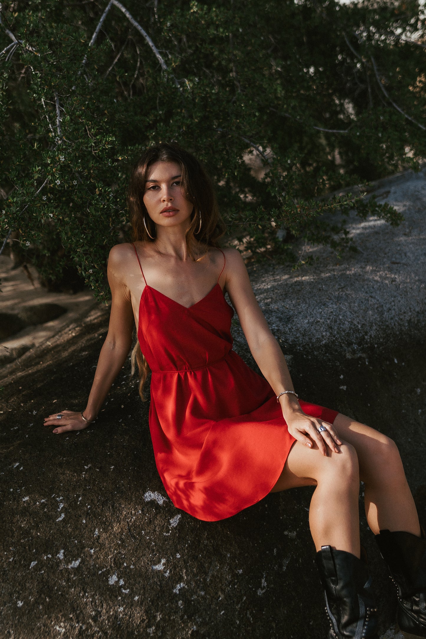 Red mini slip dress with open back