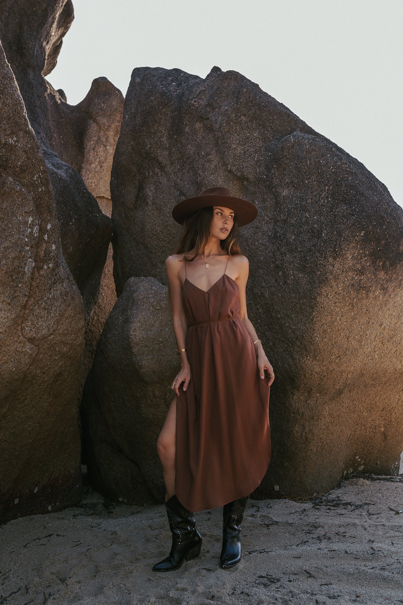 Women midi brown slip dress with open back