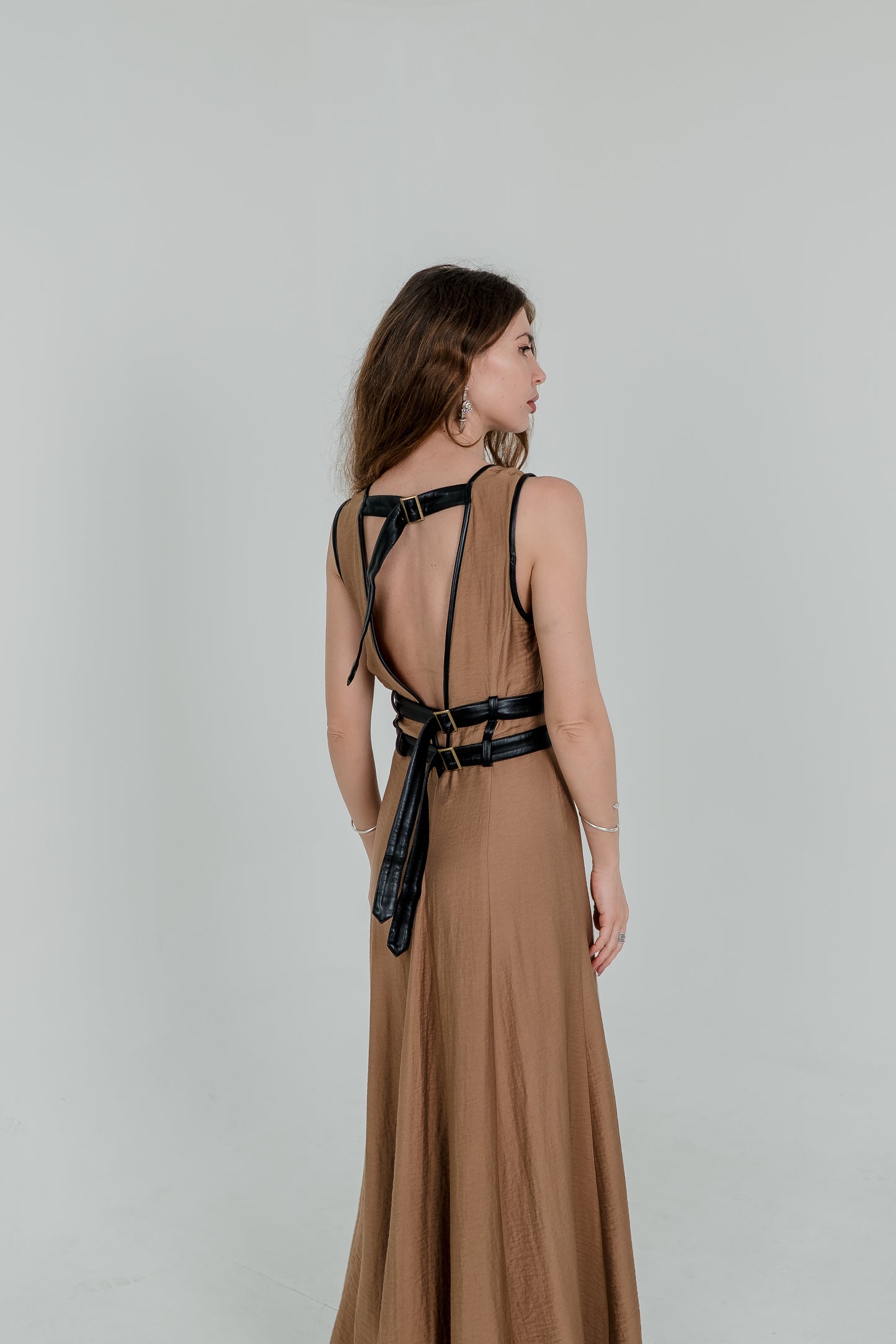 Alisa Harness Maxi Dress – Earth Brown & Vegan Leather