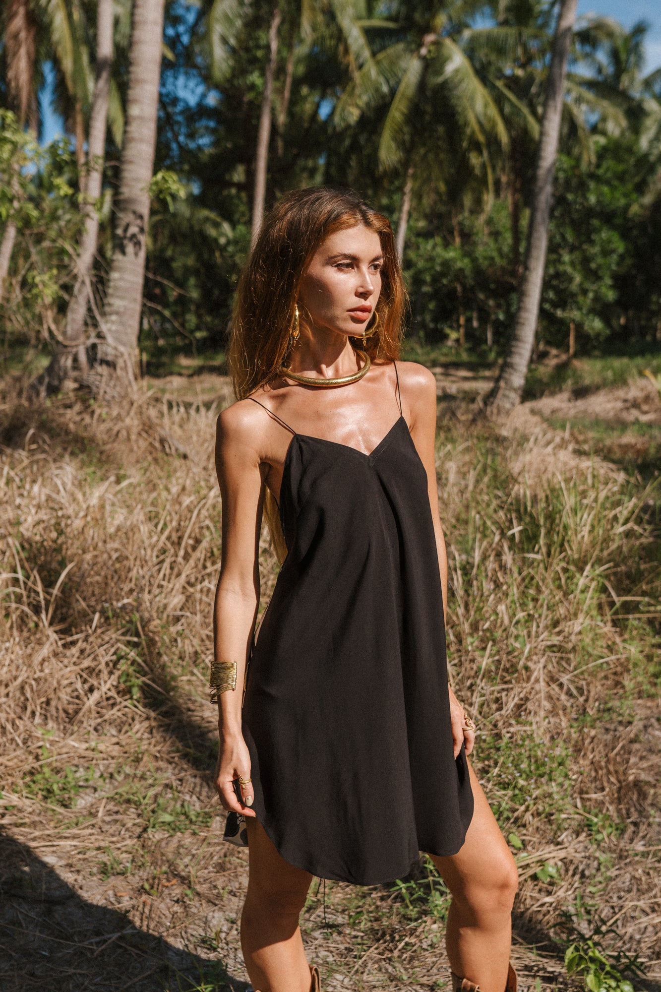 Women mini black slip dress with floral print