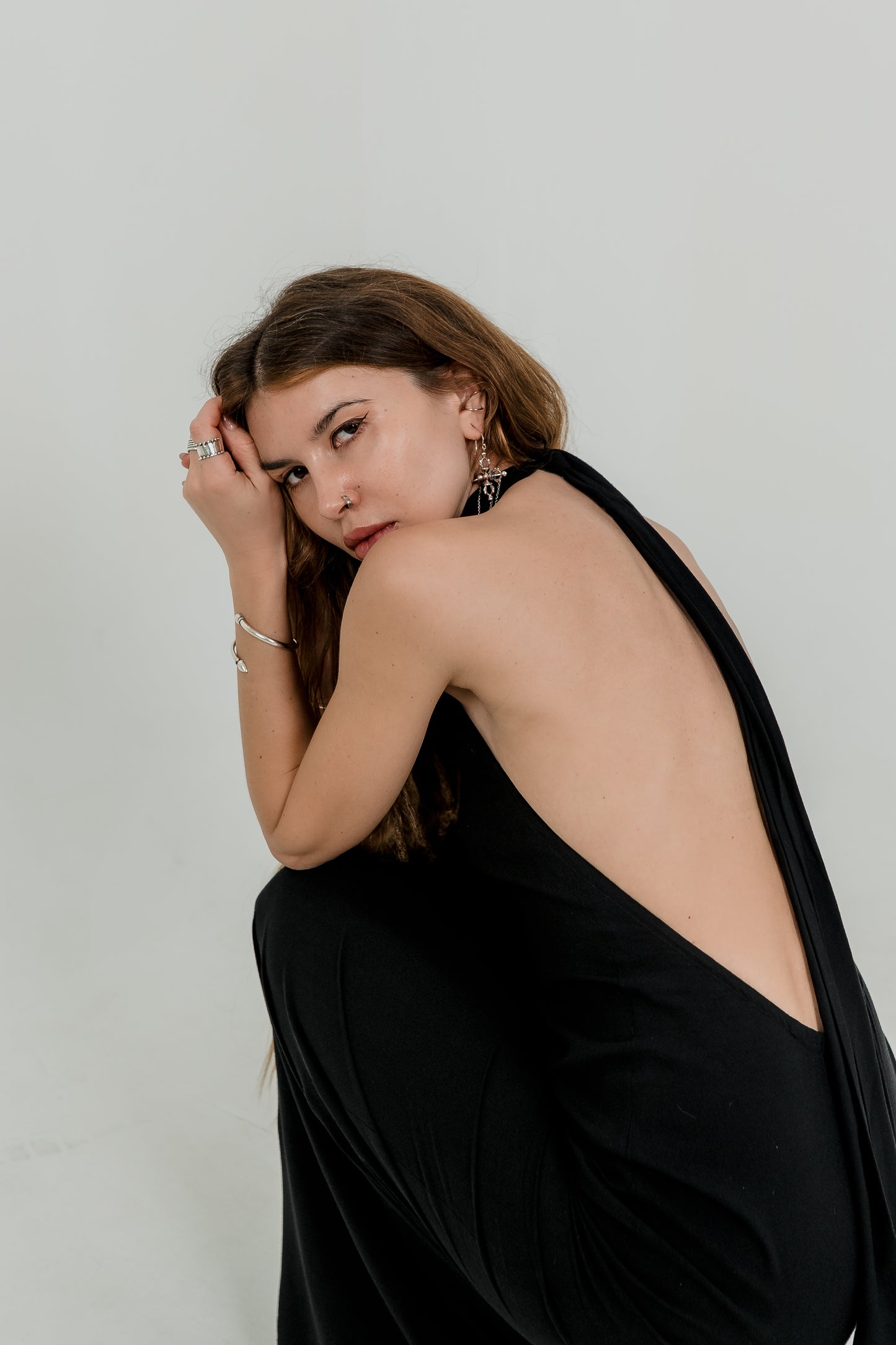 Black Maxi Viscose Dress — High Neck & Open Back