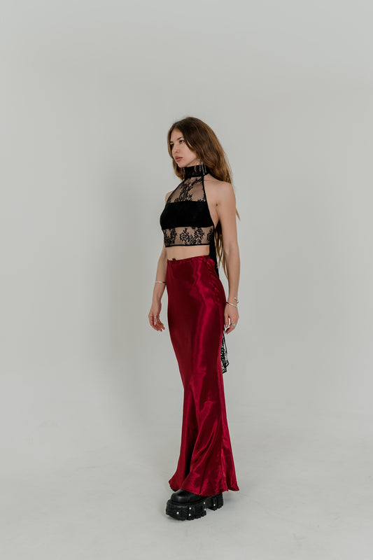 Burgundy Silky Viscose Maxi Skirt — High Waist Flowing Fit