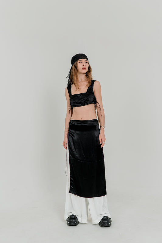 Black Viscose Crop Top & Skirt Set — Adjustable Laces