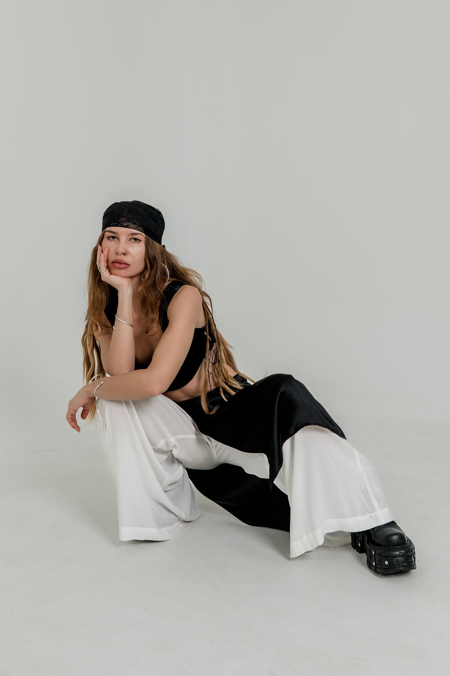 Black Viscose Crop Top & Skirt Set — Adjustable Laces