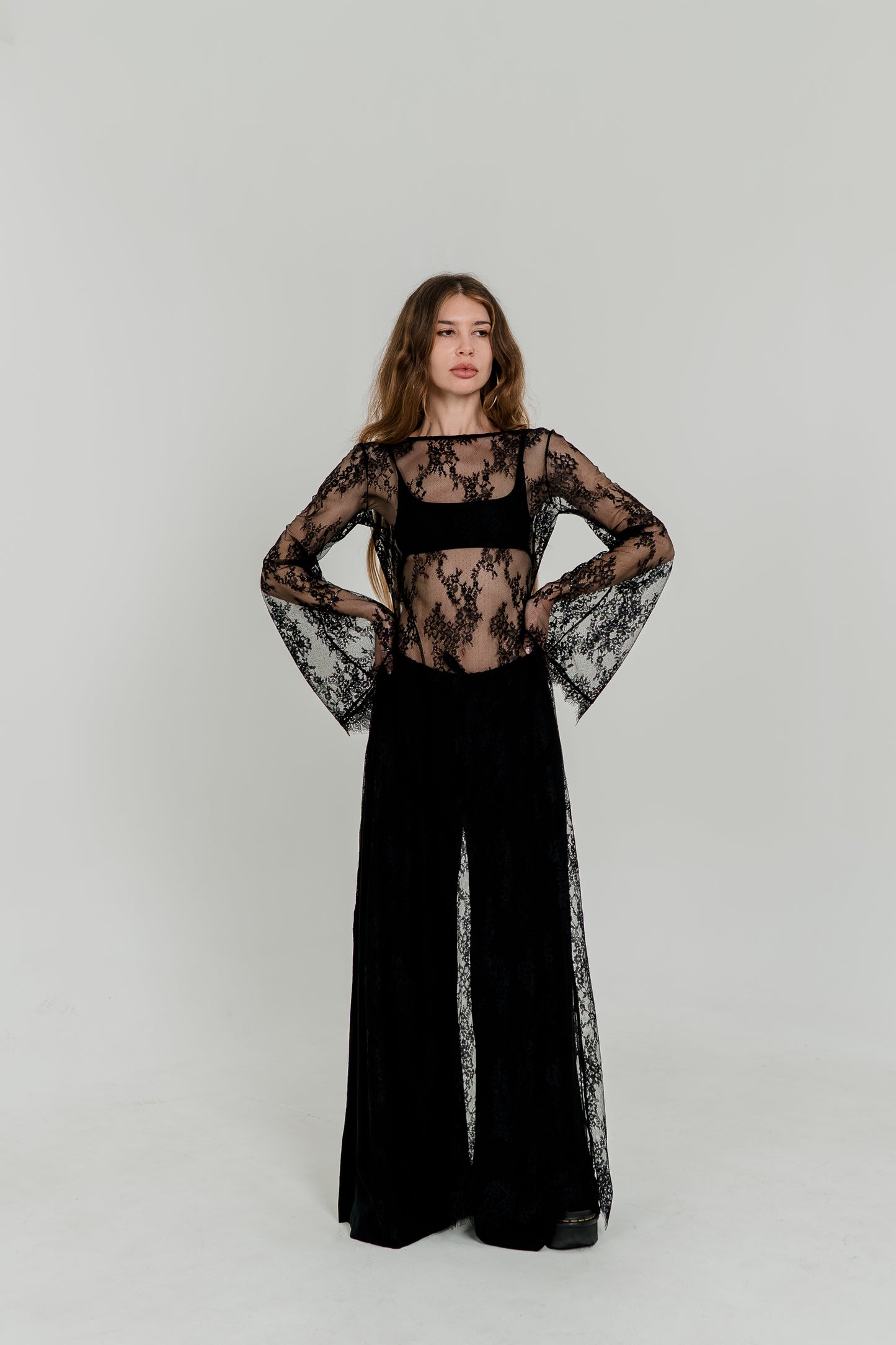 Long Black Crochet Maxi Dress — Open Back & Flared Sleeves