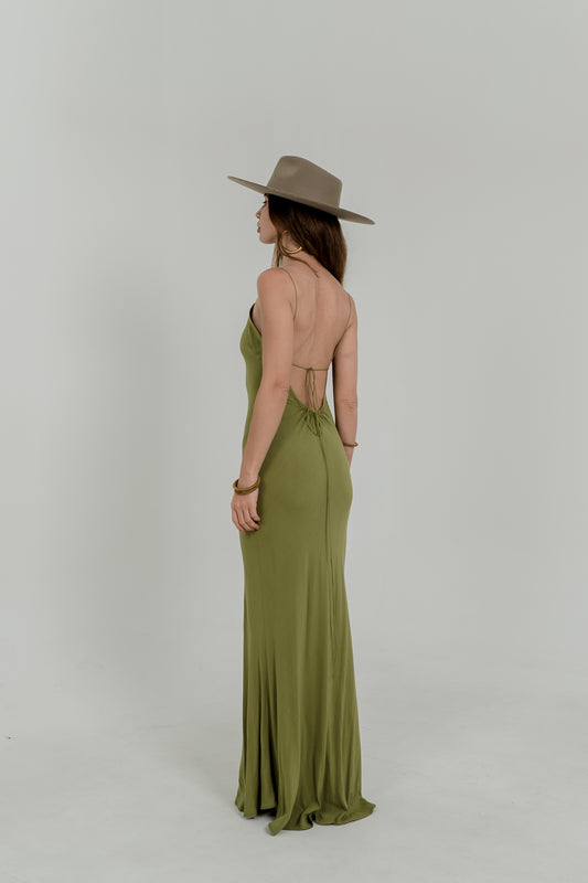 Olive Raya Maxi Dress – Open Back with Ring Detail