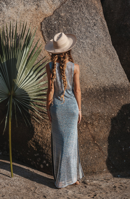 Women maxi silver net dress