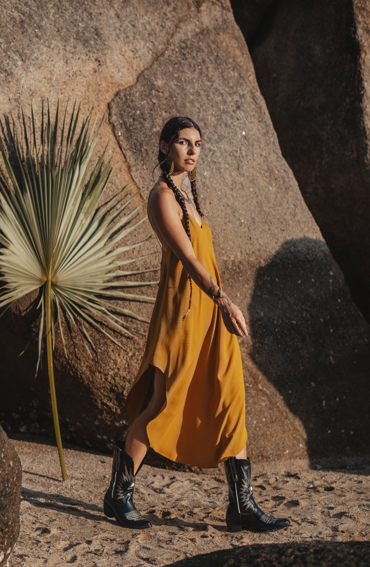 Women mustard midi slip dress