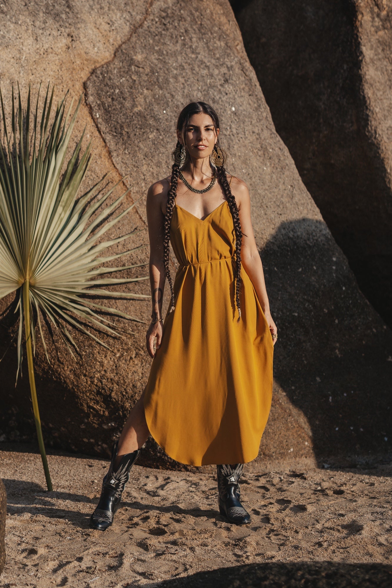 knee length dresses for ladies Women mustard midi slip dress – mockniwear