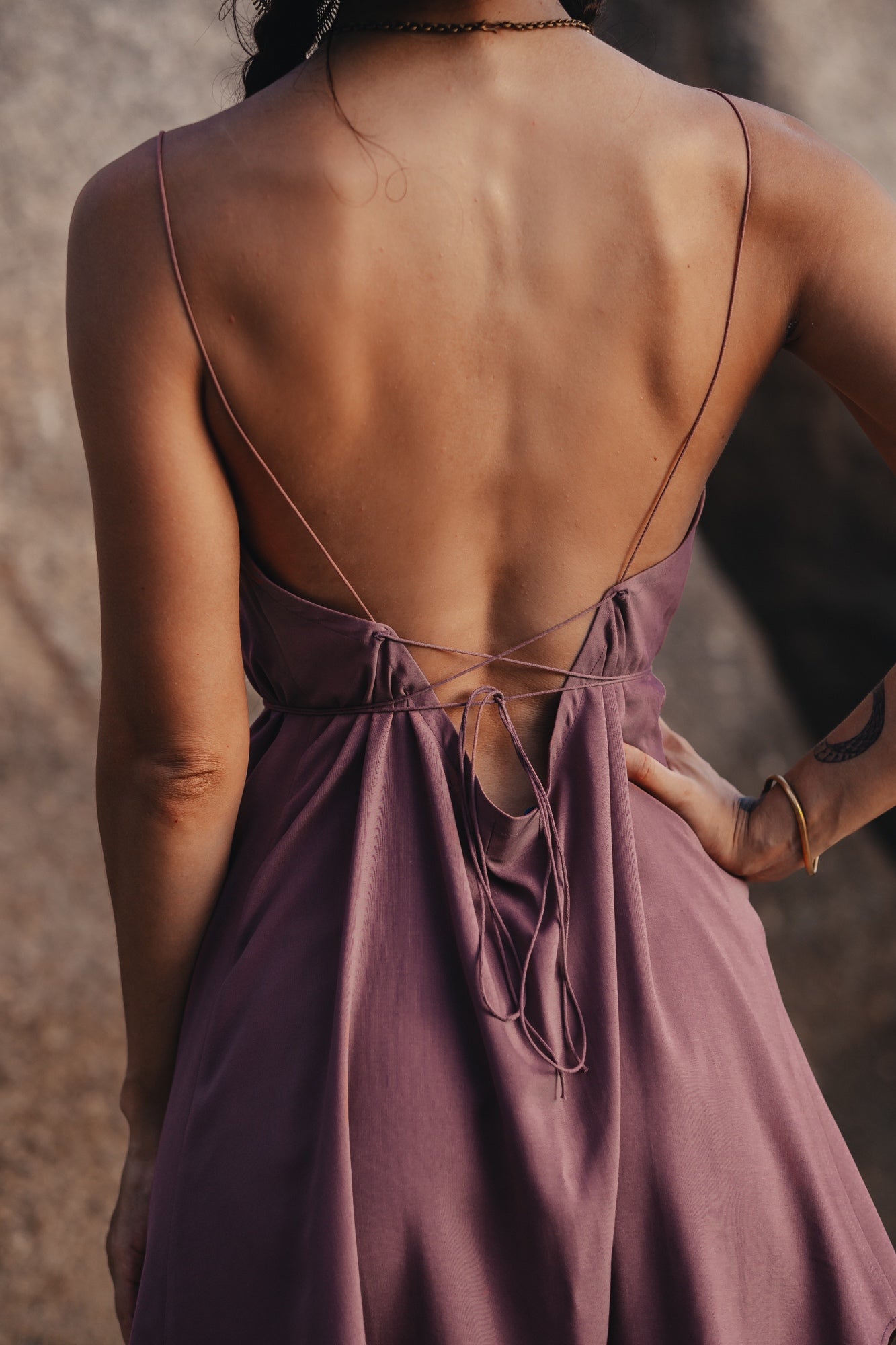 Purple mini slip dress with open back