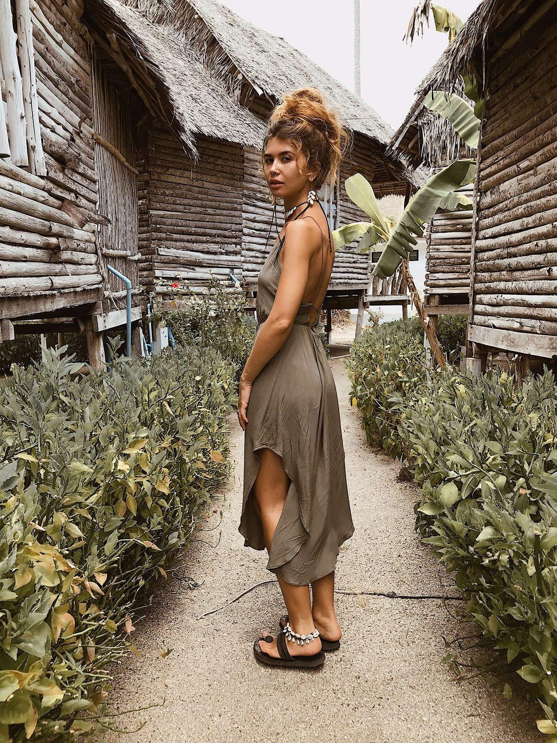 Women Slip Dress | Basic dress | Olive | Open back dress | Green dress | Party Dress | Mid-length | Knee length | Elegant | Cocktail Dress