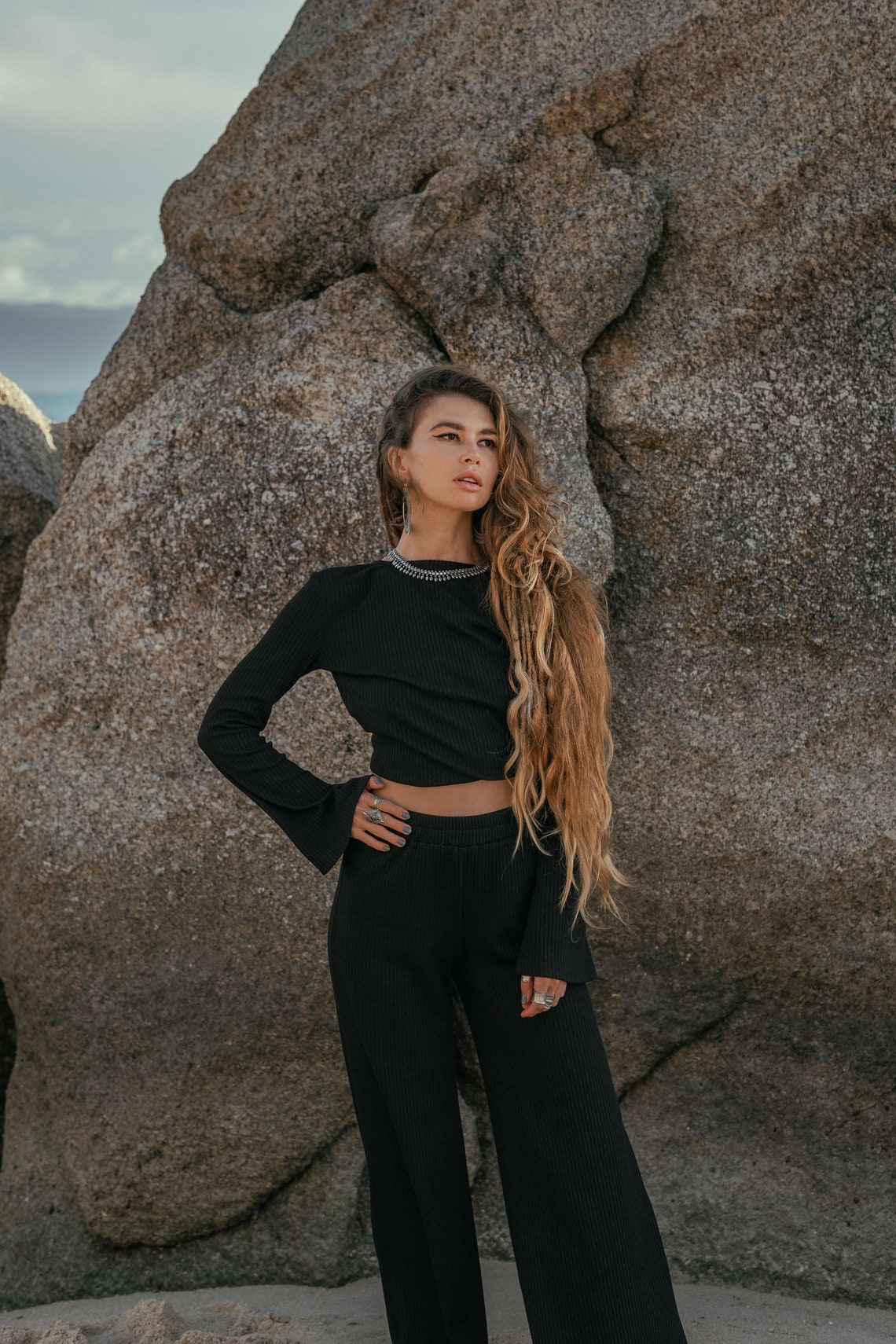 Women black knitted top with flared sleeves | Women knitted top with back tie | Women black back tie top | Elegant women top with long sleeves