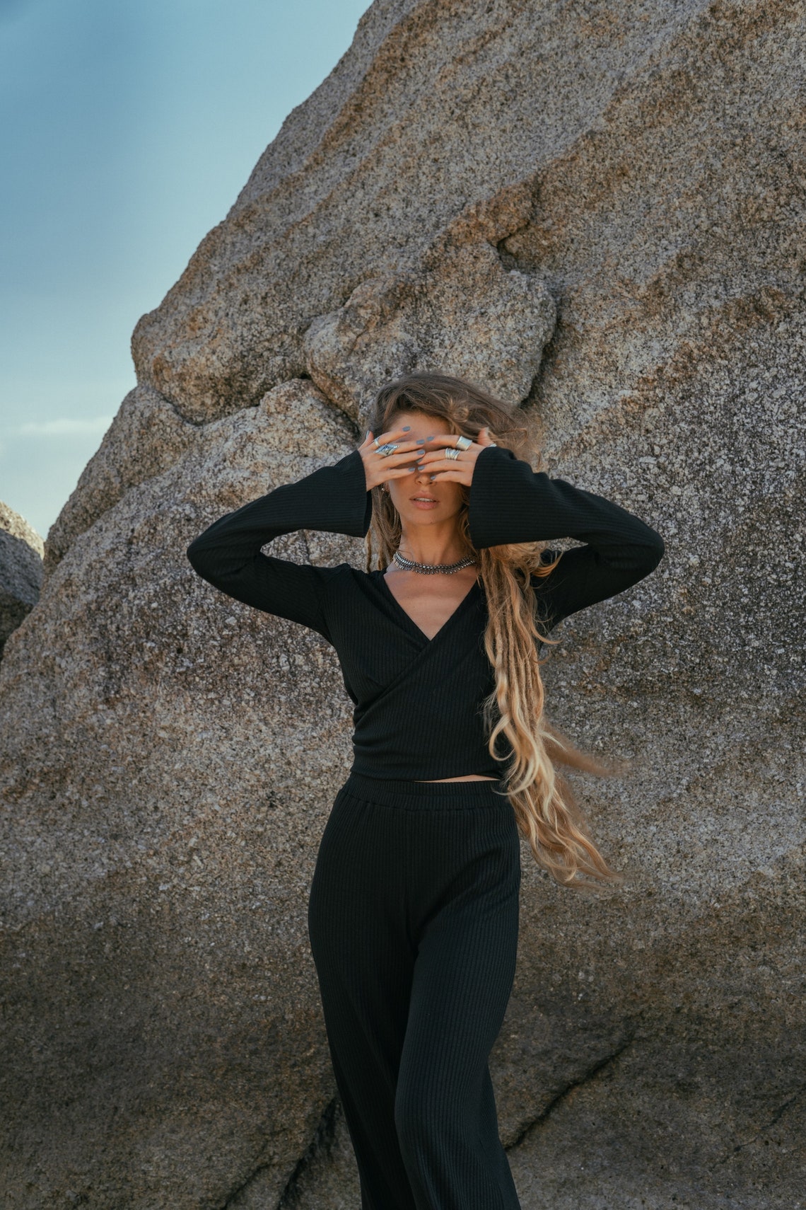 Women black knitted top with flared sleeves | Women knitted top with back tie | Women black back tie top | Elegant women top with long sleeves