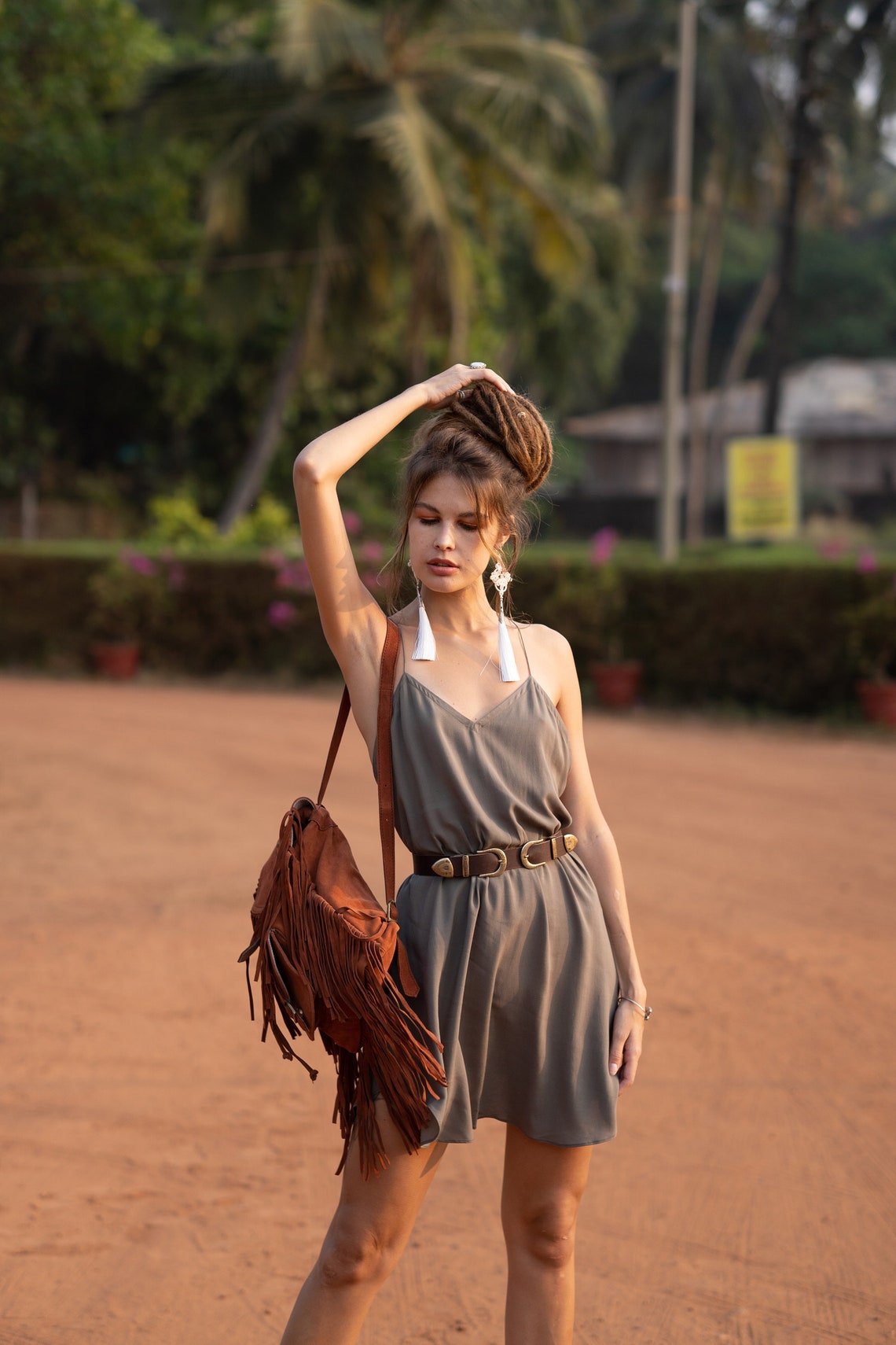 Women green slip dress with opened back | Women short green dress