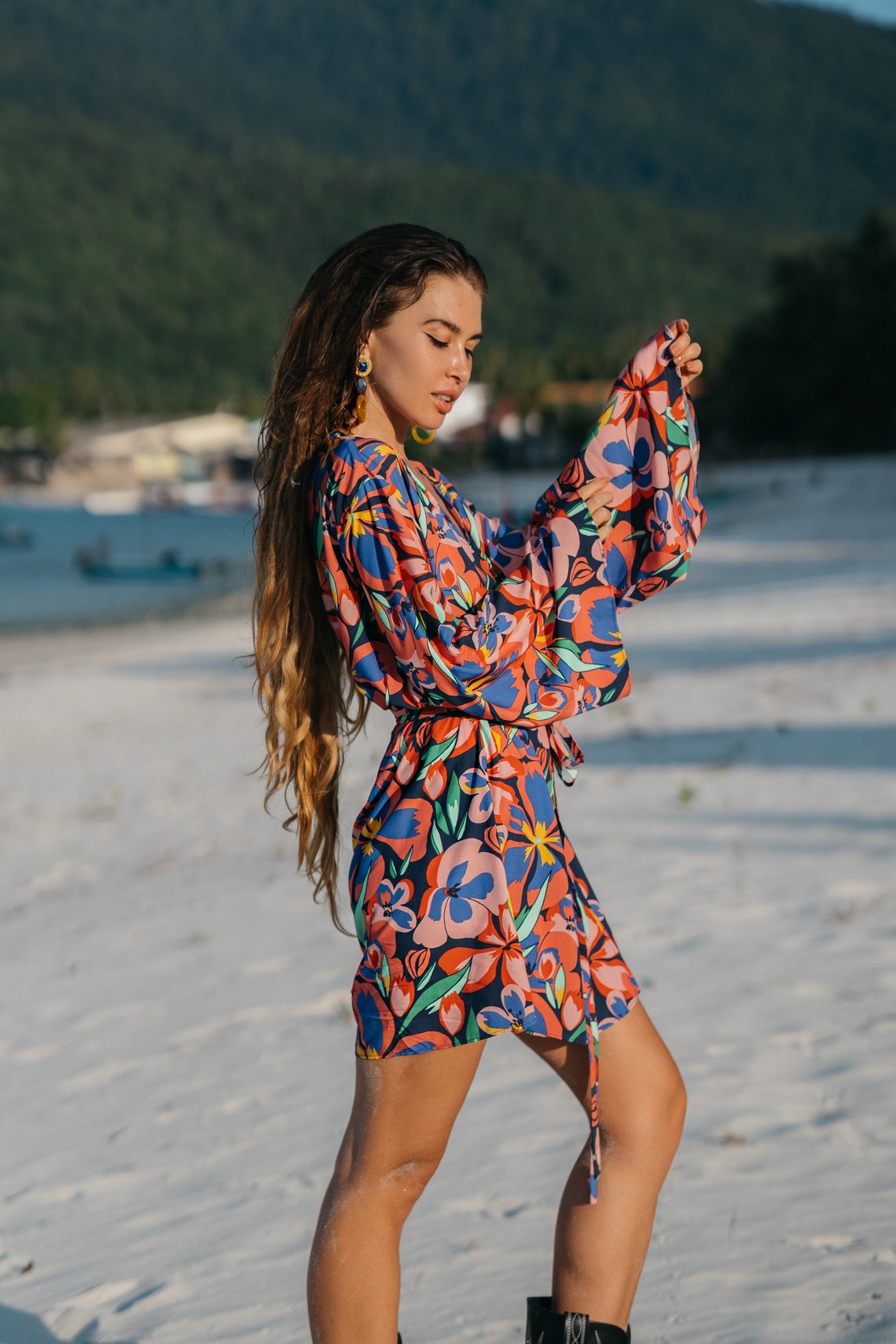 Women short wrap dress with floral print and flared sleeves | Vintage women wrap dress | Women retro wrap dress with print | Wrap dress with belt