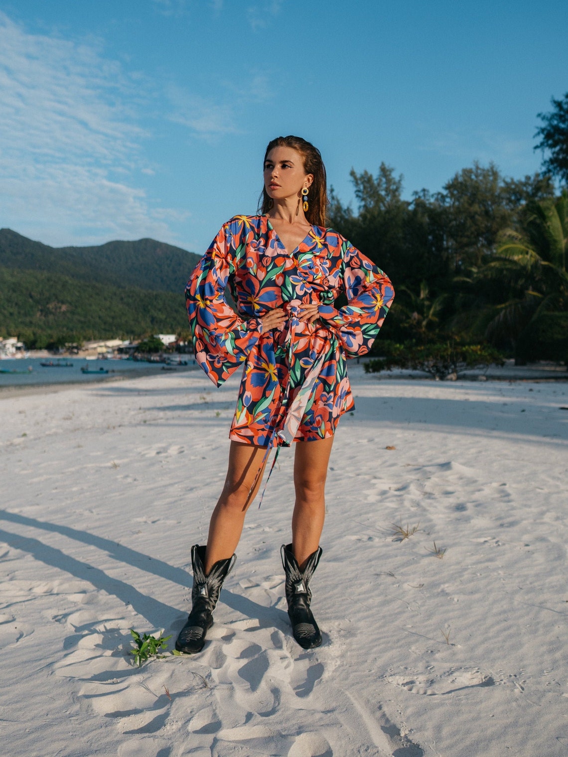 Women short wrap dress with floral print and flared sleeves | Vintage women wrap dress | Women retro wrap dress with print | Wrap dress with belt