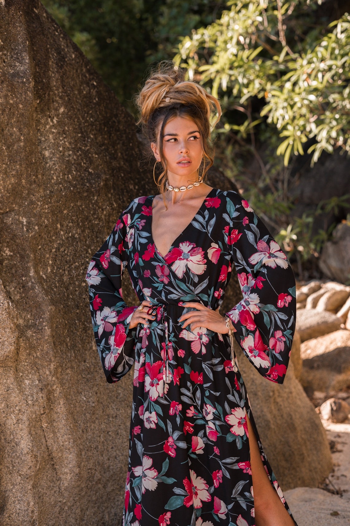 Women maxi black dress with flared sleeves | Women black dress with floral print | Black maxi viscose women dress with slits | Elegant dress