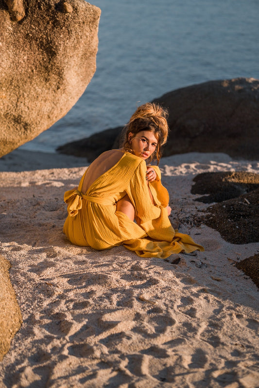 Women maxi cotton dress with long flared sleeves