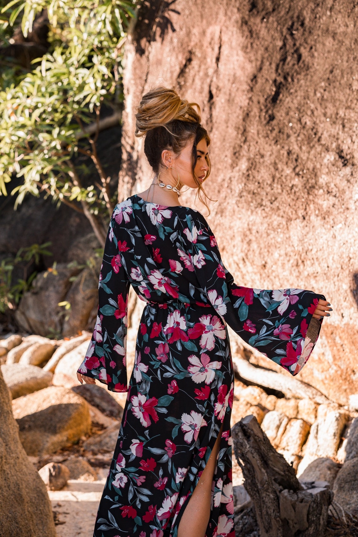 Women maxi black dress with flared sleeves | Women black dress with floral print | Black maxi viscose women dress with slits | Elegant dress