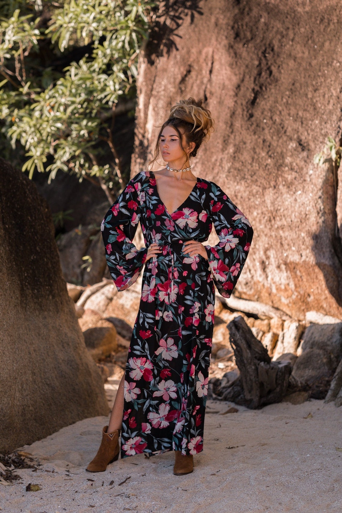 Women maxi black dress with flared sleeves | Women black dress with floral print | Black maxi viscose women dress with slits | Elegant dress