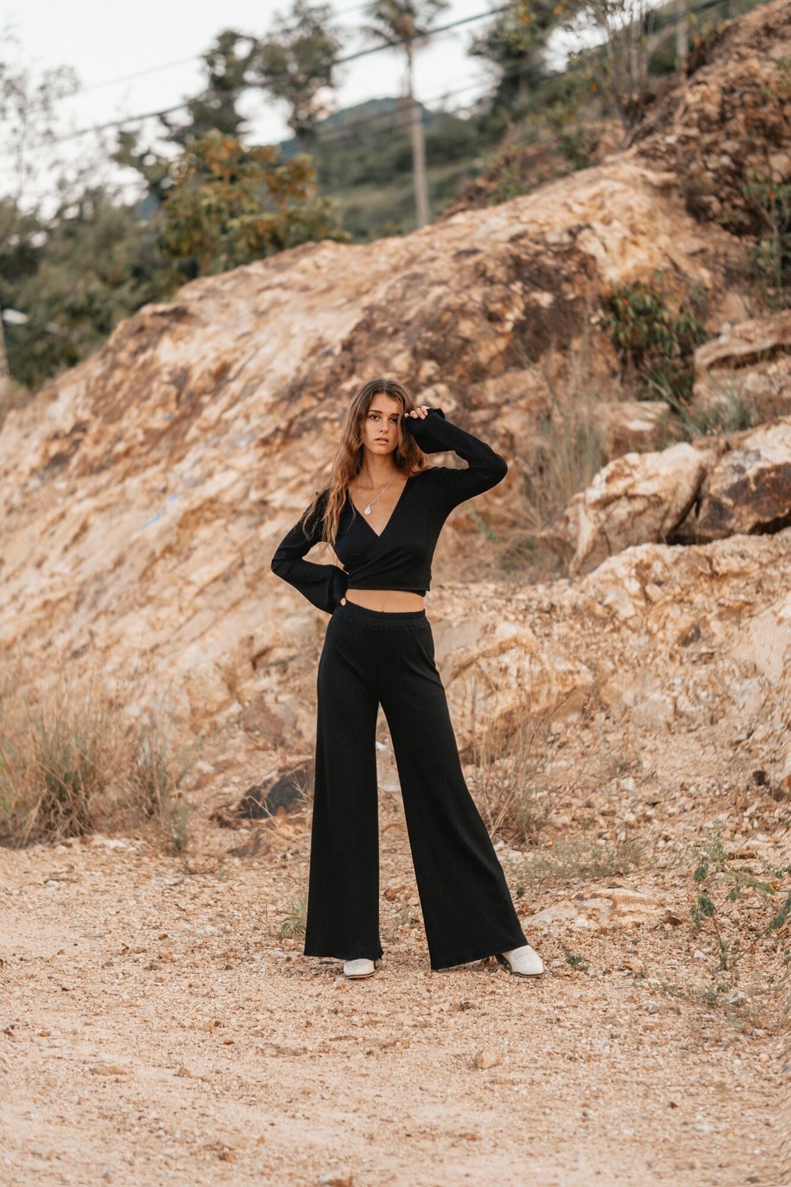 Women knitted black set with palazzo pants and wrap knitted top Women knitted top with long flared sleeve Long women palazzo flared pants