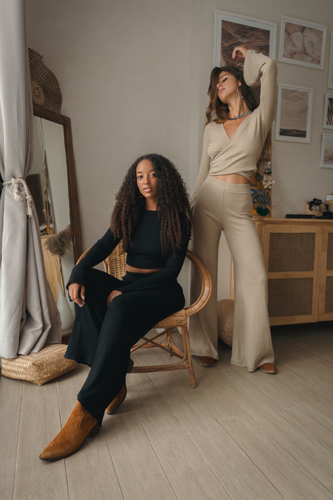 Women knitted beige set with palazzo pants and wrap knitted top, Women knitted top with long flared sleeve, Long women palazzo flared pants