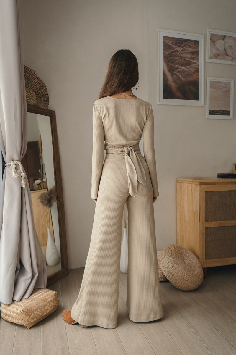 Women knitted beige set with palazzo pants and wrap knitted top, Women knitted top with long flared sleeve, Long women palazzo flared pants