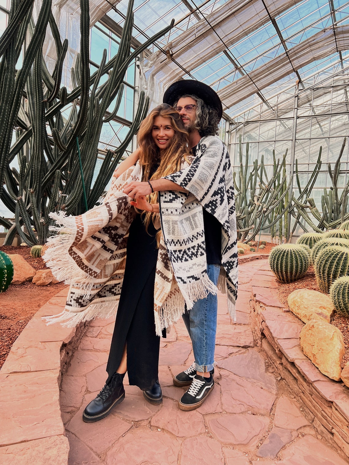 Couple unisex woolen poncho with fringe and ethnic print | Warm white poncho for couples | Gift for her | Gift for him