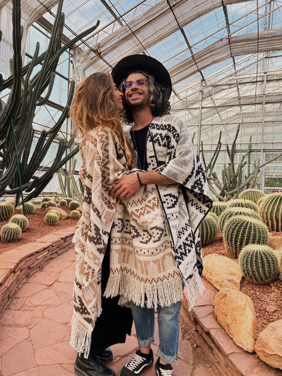 Couple unisex woolen poncho with fringe and ethnic print | Warm white poncho for couples | Gift for her | Gift for him