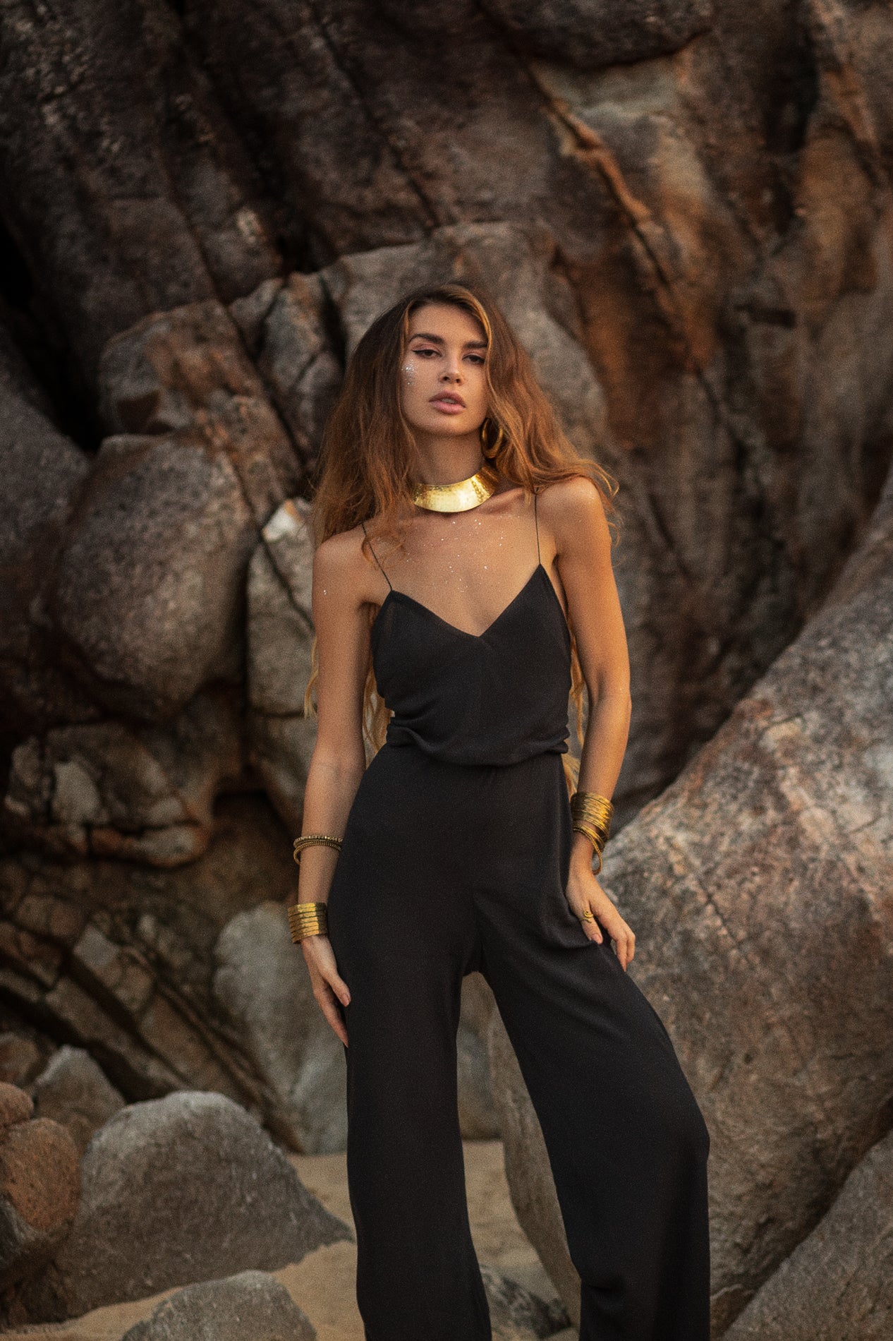Women black jumpsuit with open back