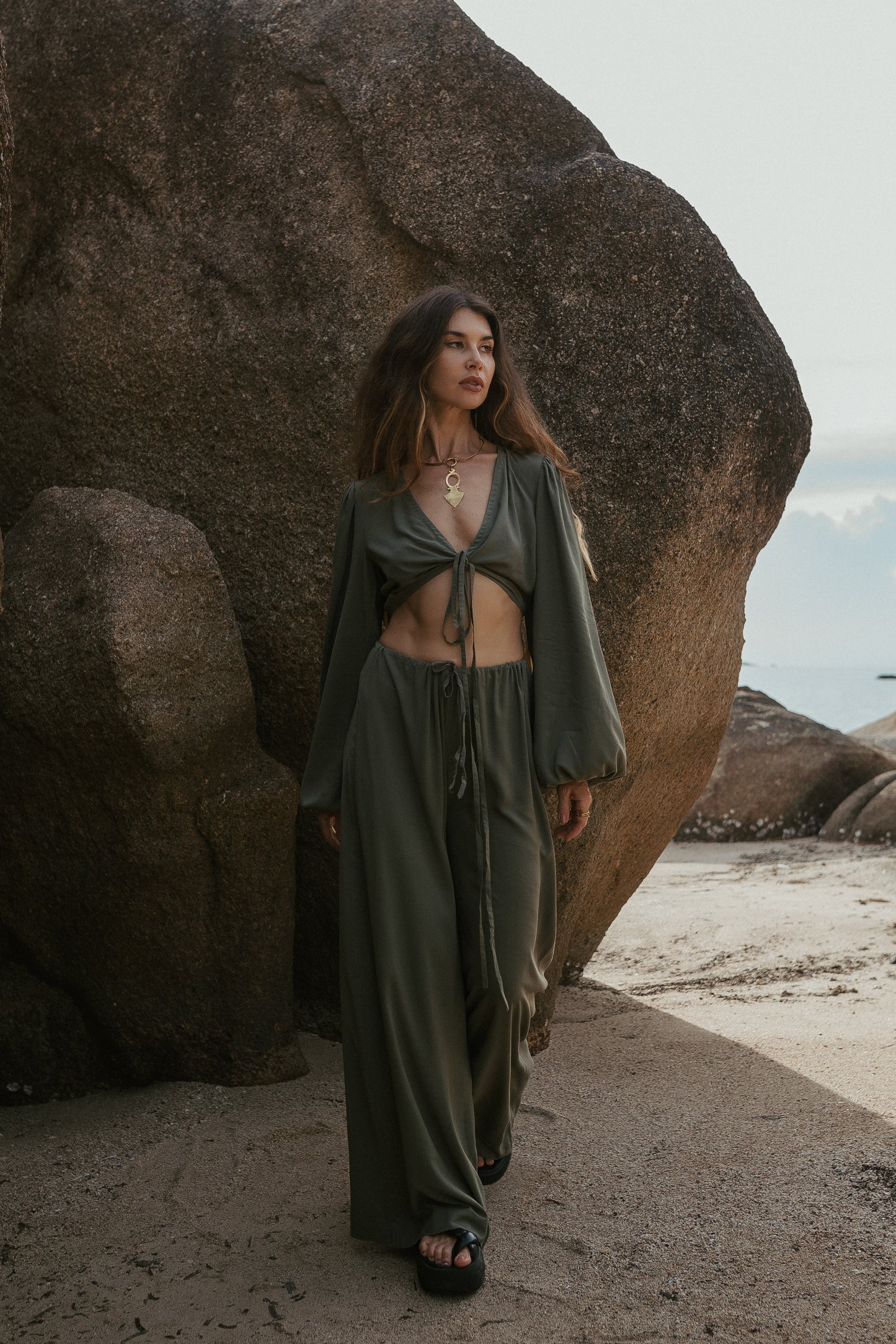 Women khaki palazzo pants