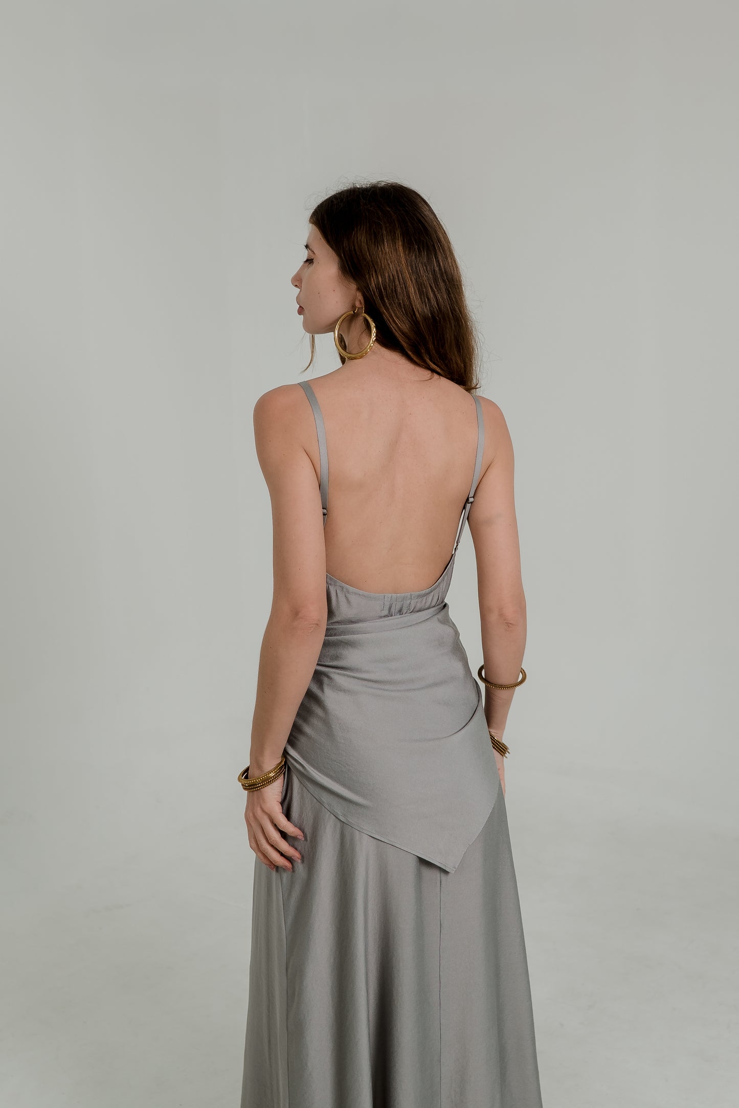Grey Maxi Viscose Dress – Open Back & Side Slit