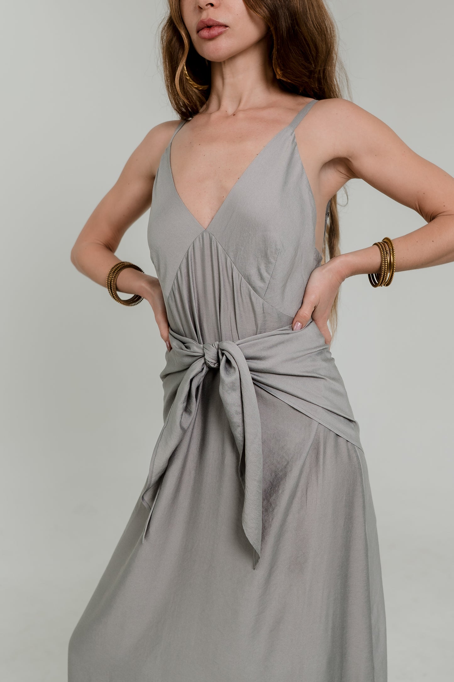 Grey Maxi Viscose Dress – Open Back & Side Slit