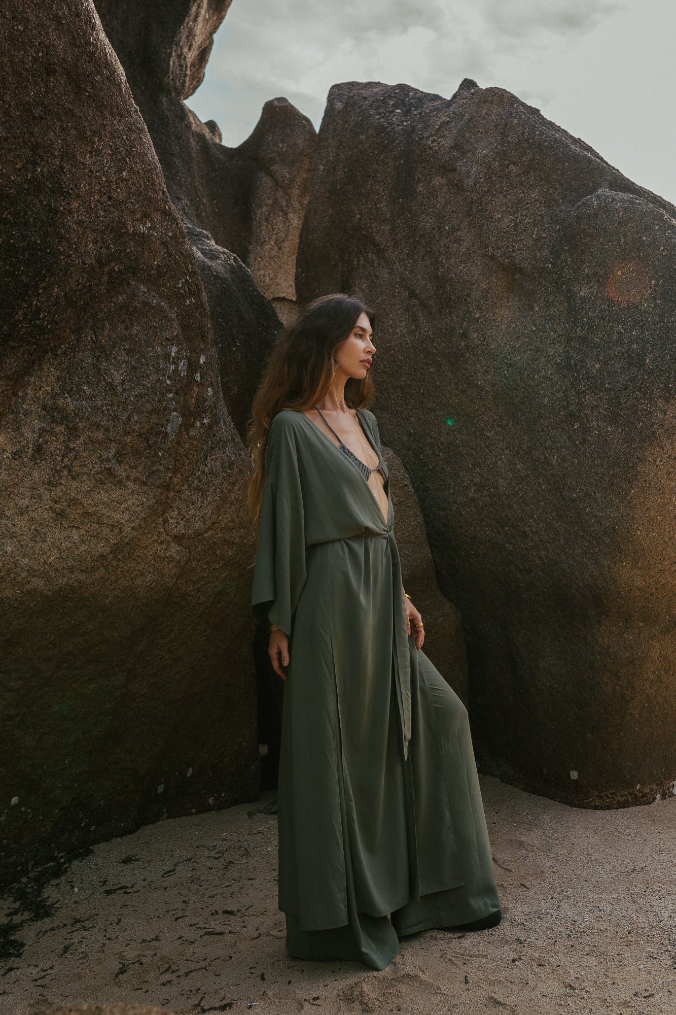 Maxi khaki women kimono