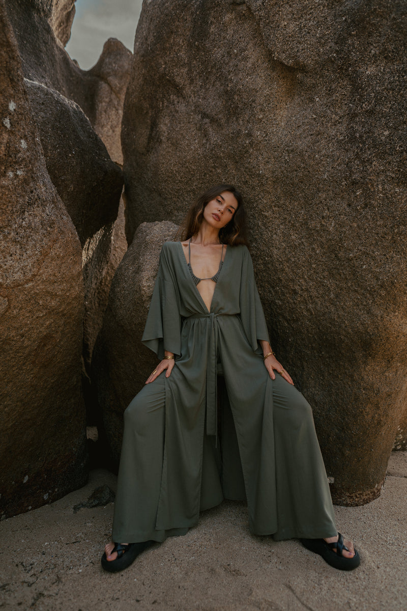 Maxi khaki women kimono