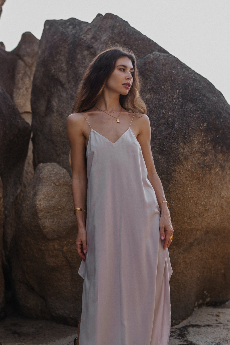 Maxi off white slip dress with open back