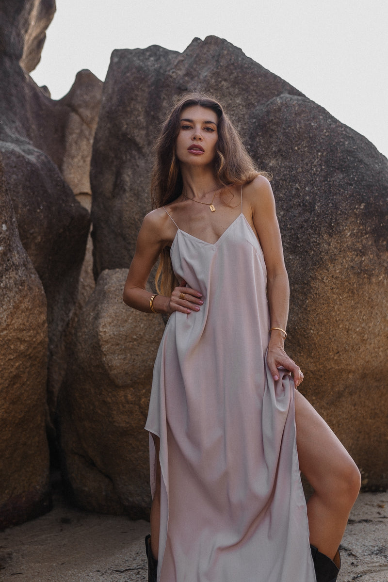 Maxi off white slip dress with open back