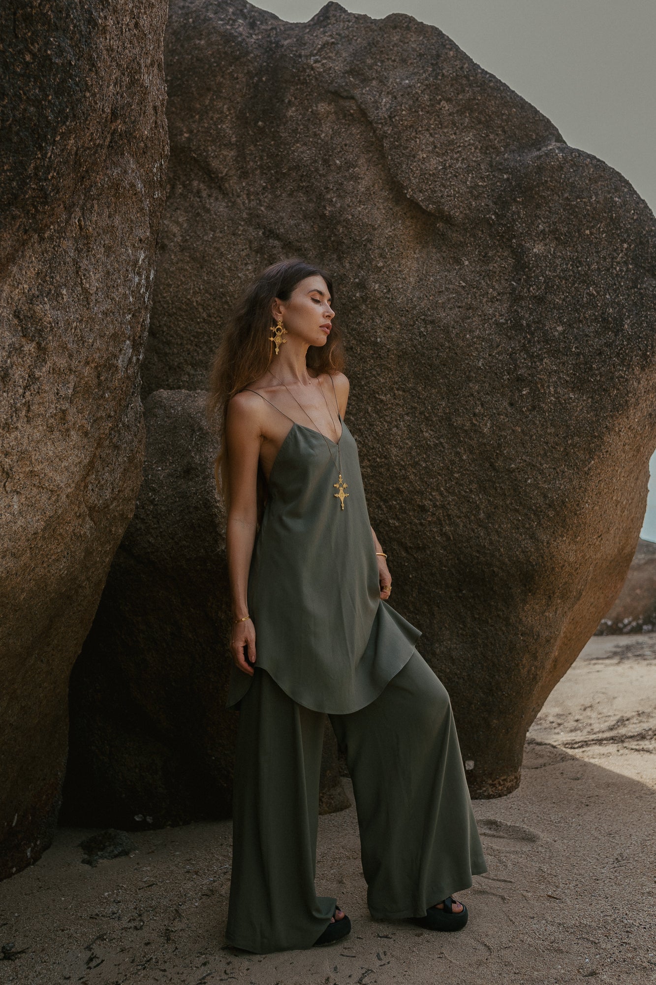 Women khaki set top and dress