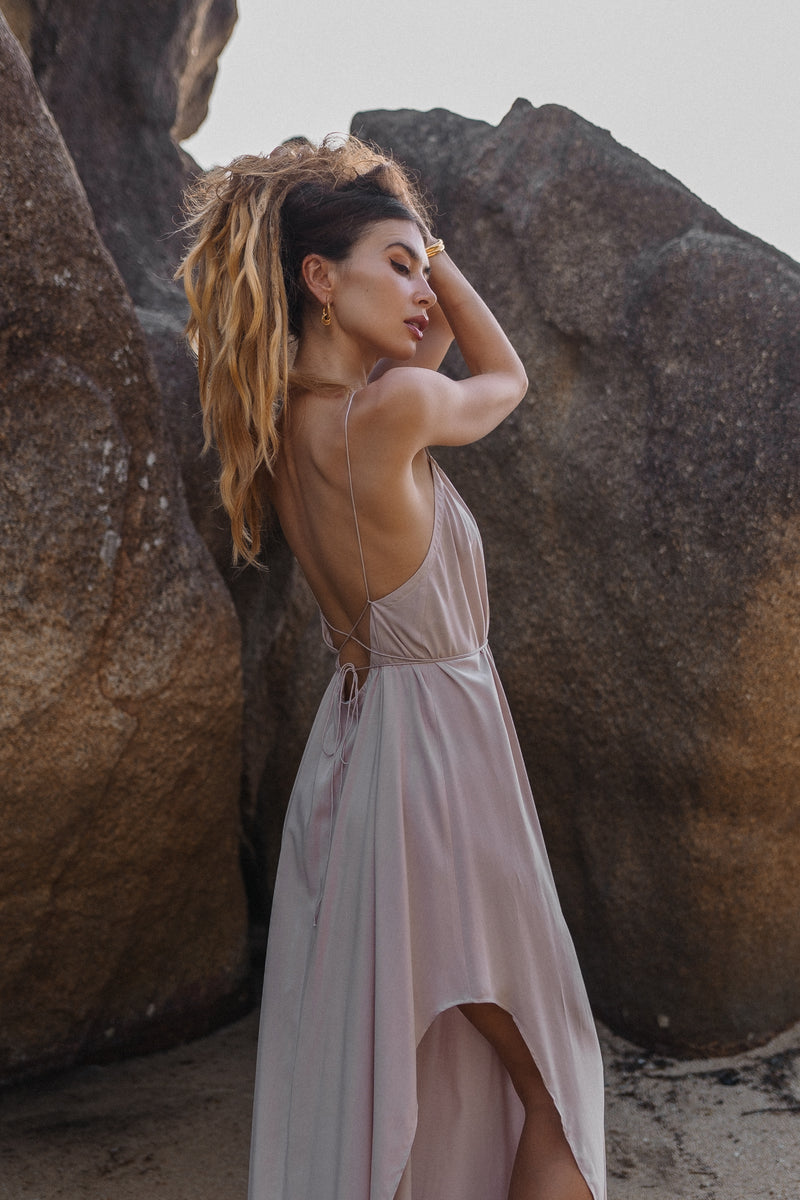 Maxi off white slip dress with open back