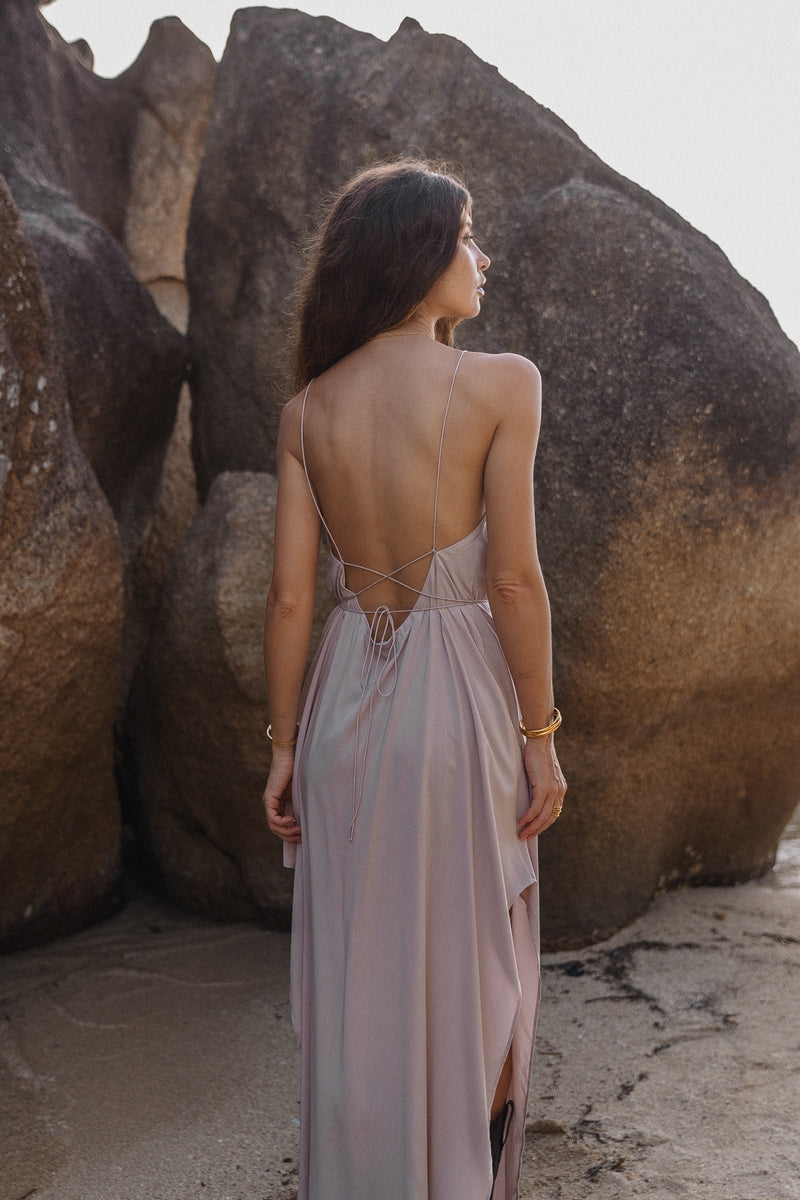 Maxi off white slip dress with open back