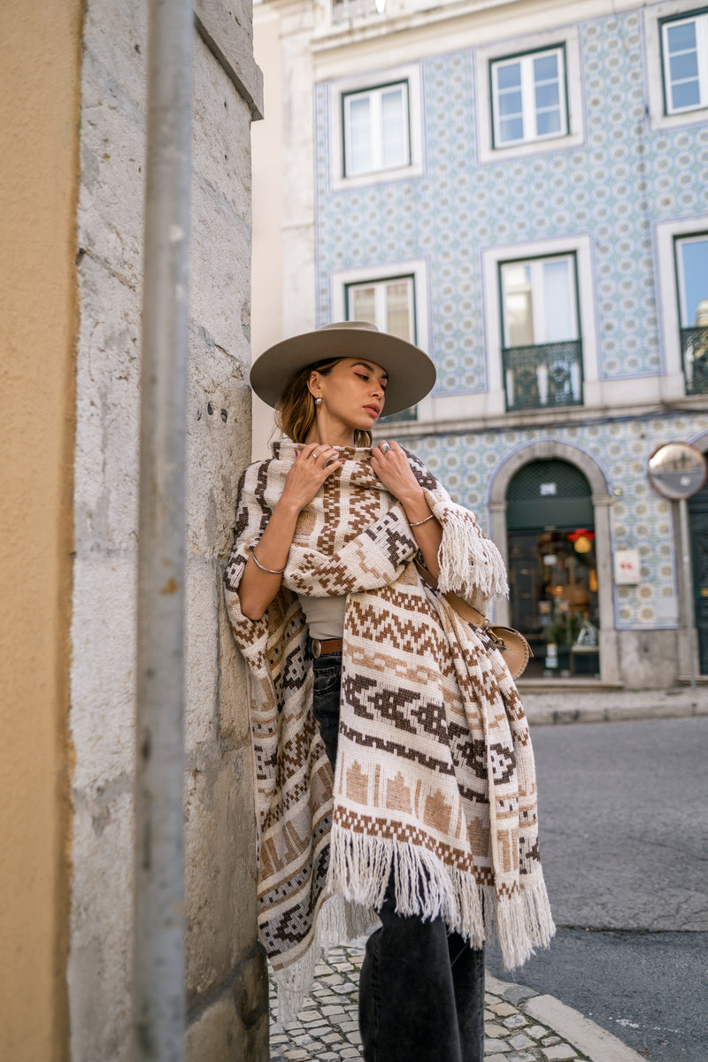 Unisex adult woolen poncho with ethnic print and fringe | Women white poncho | Man white poncho | Warm beige poncho with print Gift for her