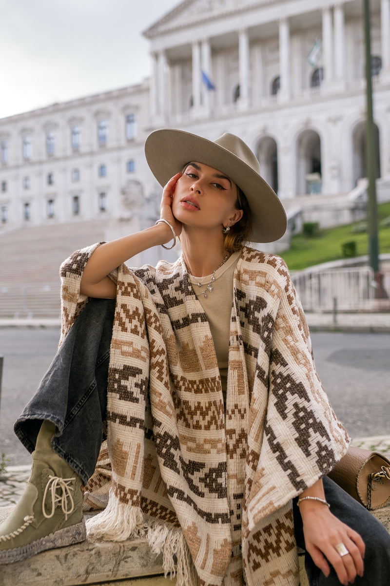 Unisex adult woolen poncho with ethnic print and fringe | Women white poncho | Man white poncho | Warm beige poncho with print Gift for her