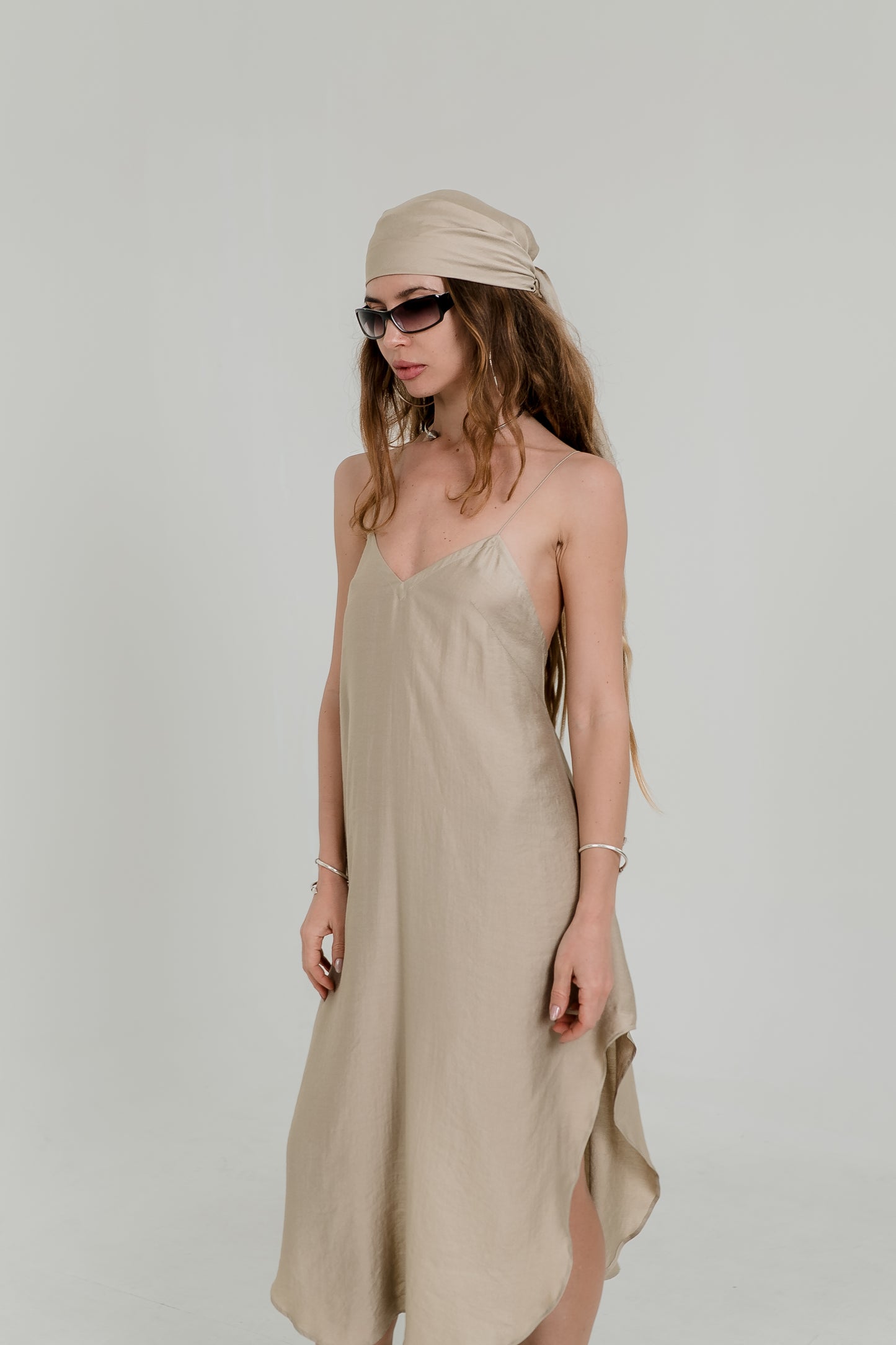 Beige Midi Slip Dress – Open Back & Adjustable Laces